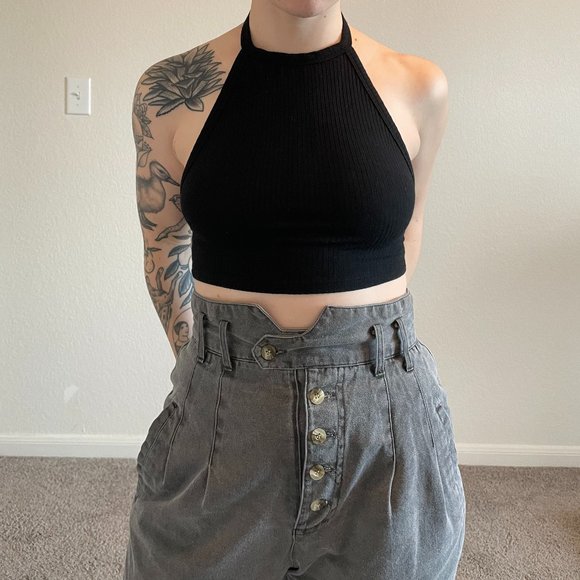Reformation Black Ribbed Tie Back Halter Crop Top, XS - Picture 1 of 4